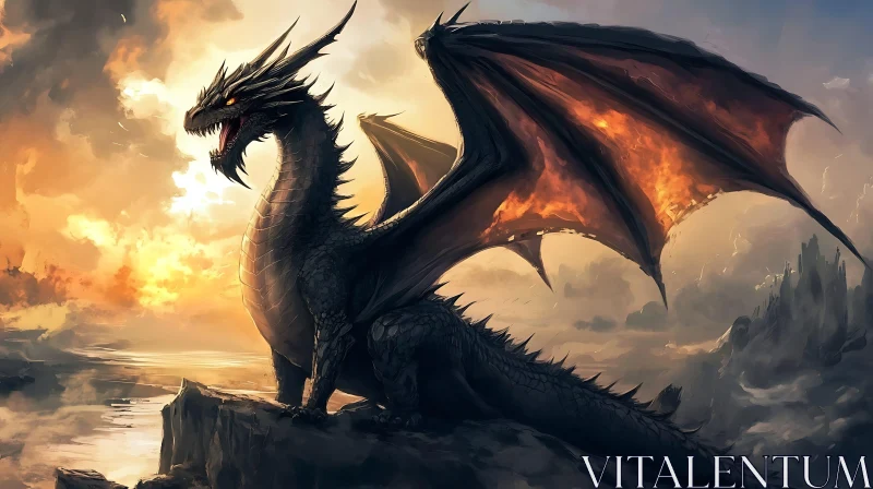 Dragon on Cliffside with Fiery Wings AI Image