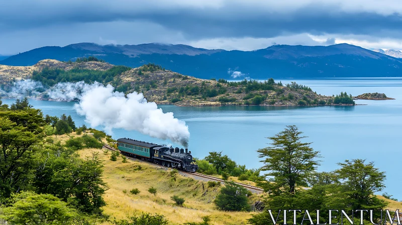 Vintage Train by the Lake AI Image