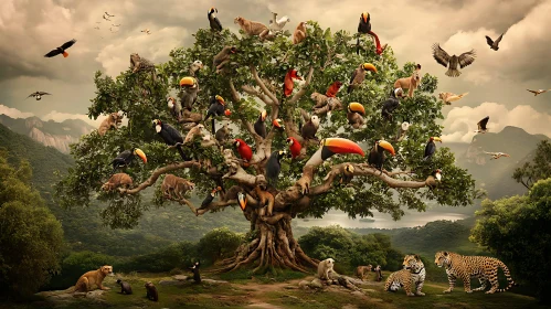Diverse Wildlife Gathered on a Grand Tree in the Jungle