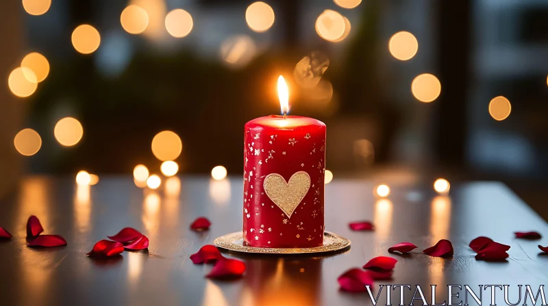 Red Candle with Heart and Rose Petals AI Image