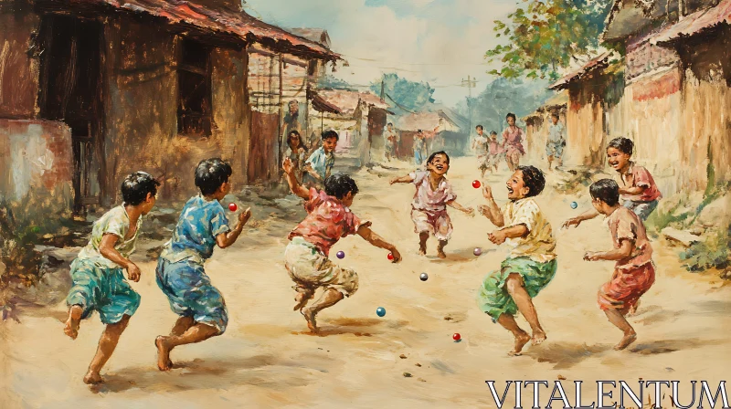 Kids Marble Game in Village Painting AI Image