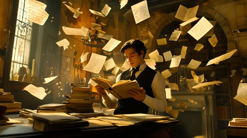 Library Reader Surrounded by Floating Papers