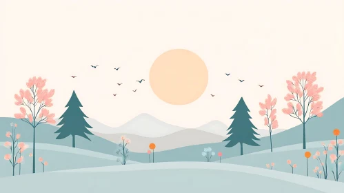 Pastel Nature Scene with Hills and Birds