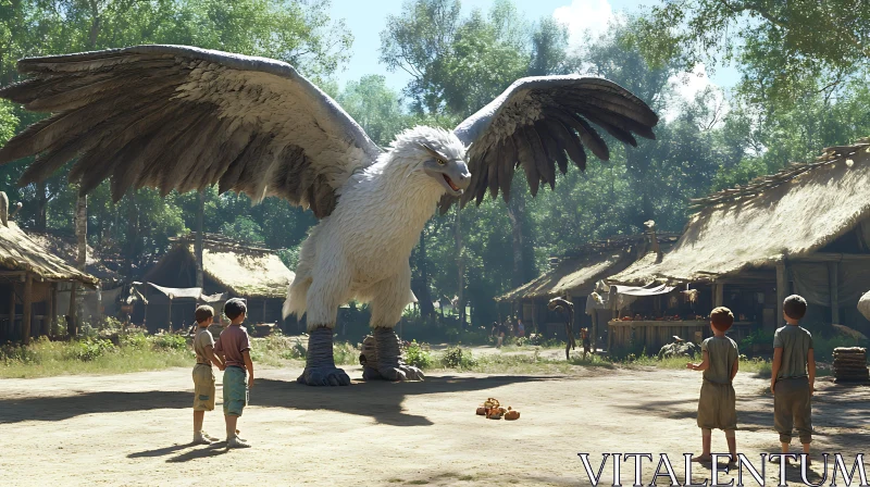 AI ART Children Meet Mythical Griffin in Village