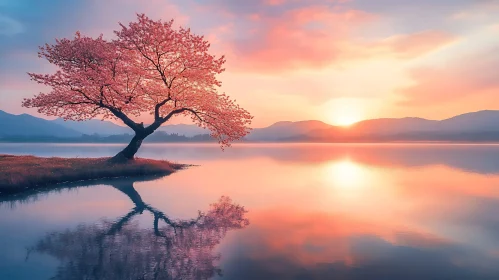 Serene Lake with Cherry Blossom Tree