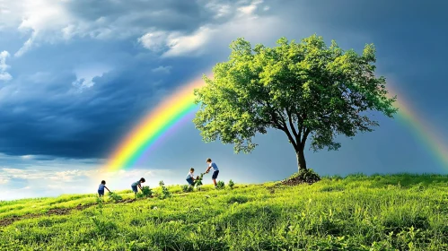 Kids Gardening with Rainbow in Background