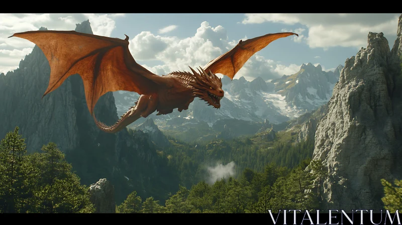 Dragon in Flight over Mountainous Terrain AI Image