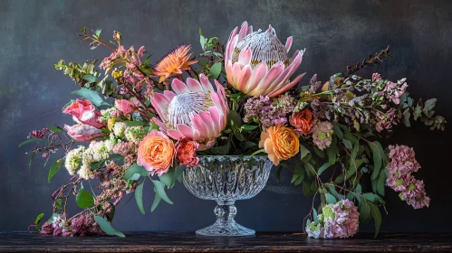 Protea and Rose Bouquet in Crystal Vase