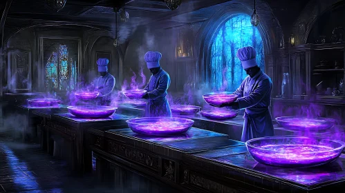 Fantasy Kitchen with Glowing Purple Bowls