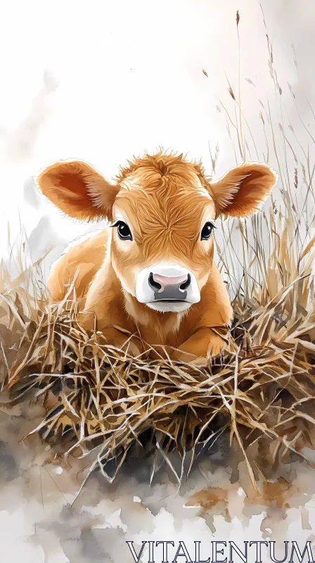 Young Calf in a Pastoral Setting AI Image