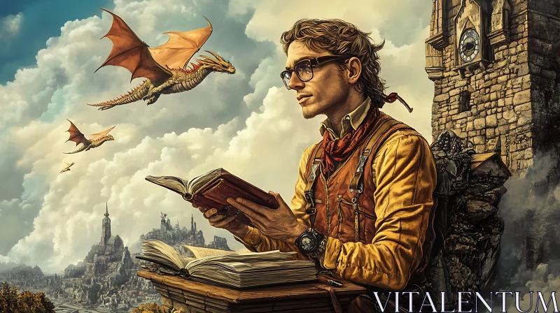 AI ART Fantasy Book Reader with Dragons