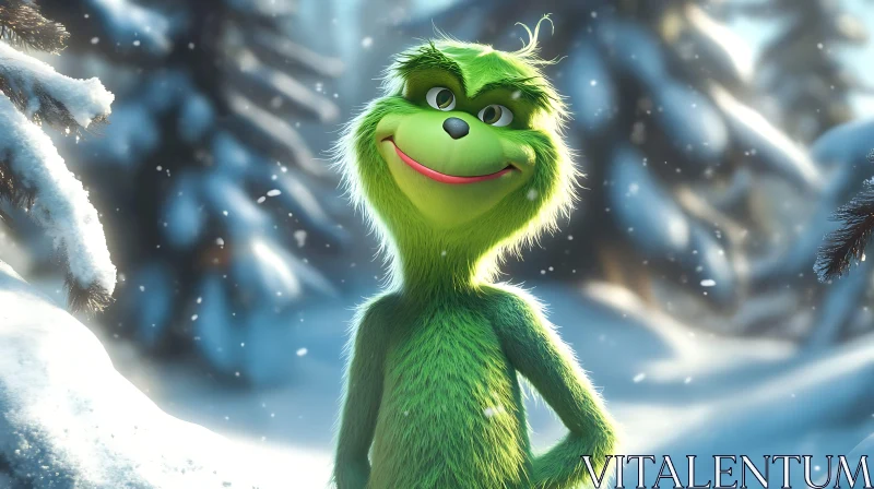 Whimsical Green Character in Snowy Landscape AI Image