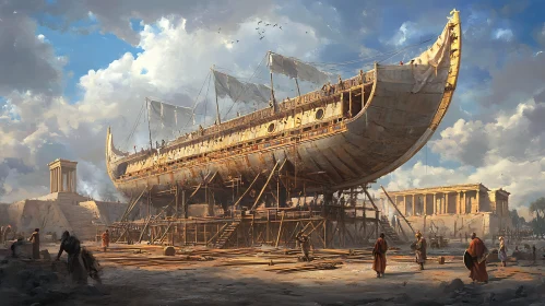 Historical Shipyard Scene with Classical Architecture