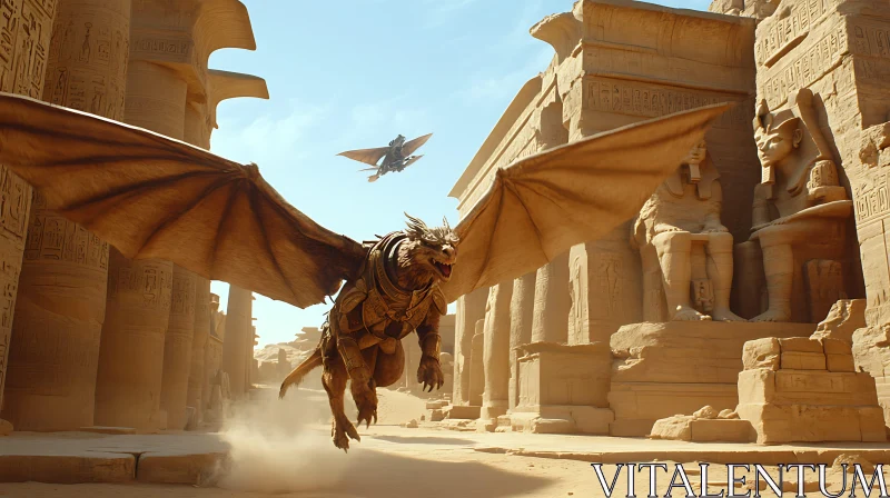 Winged Beast in Egyptian Ruins AI Image