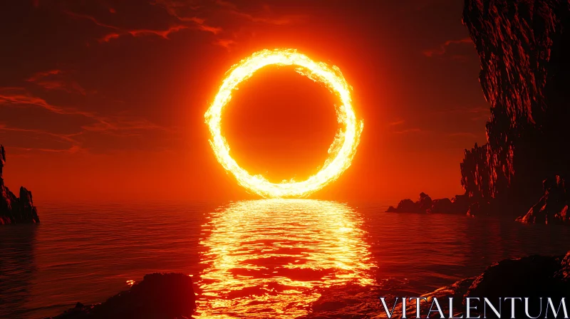 Fiery Ring Reflecting on Ocean Waters AI Image