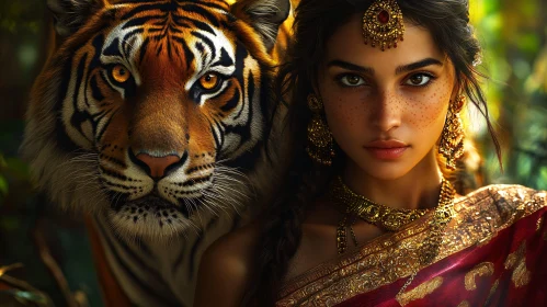 Golden Adornments: Woman with Tiger Companion