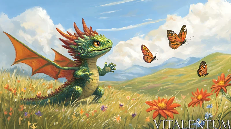 AI ART Whimsical Dragon with Butterflies Art