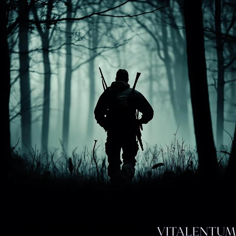 Silhouette of Hunter in Foggy Woods AI Image