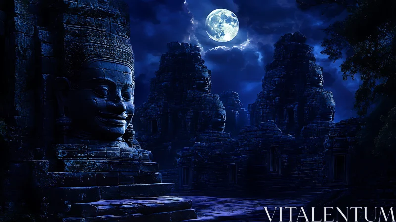 AI ART Ancient Temple Faces at Night