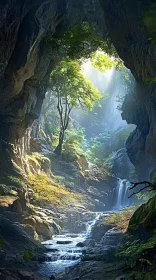 Tranquil Stream and Trees in Sunlit Cave