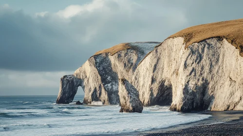 Sunlit Coastal Cliffs with Ocean Waves