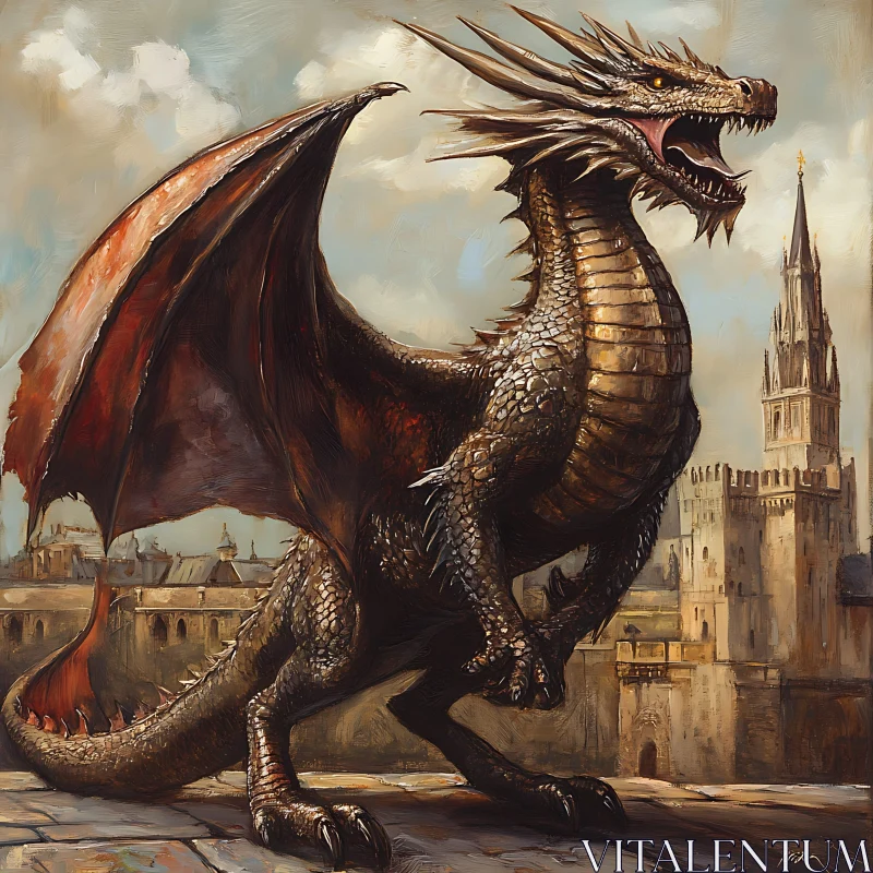 AI ART Bronze Dragon in Cityscape Digital Art