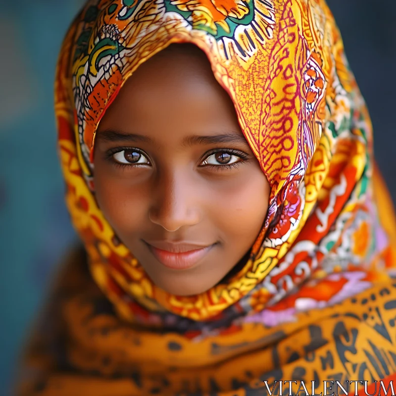 Smiling Girl in Colourful Traditional Headscarf AI Image