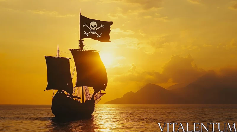AI ART Golden Sunset Pirate Ship Voyage