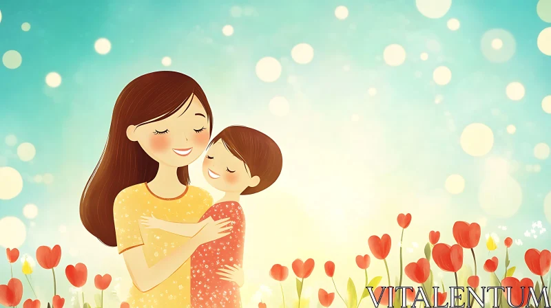 Loving Motherhood Illustration with Tulips AI Image