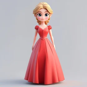 Cartoon Doll with Blonde Hair in Red Dress