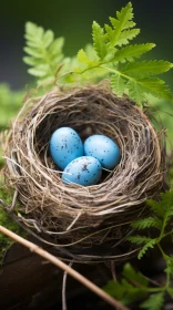Blue Eggs in Bird Nest Amidst Ferns: A Nature-Inspired Visual Story