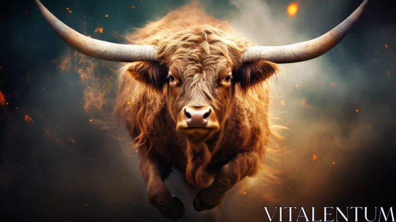 Bull Amidst Flames - Fantasy-inspired Art with Scottish Landscape AI Image