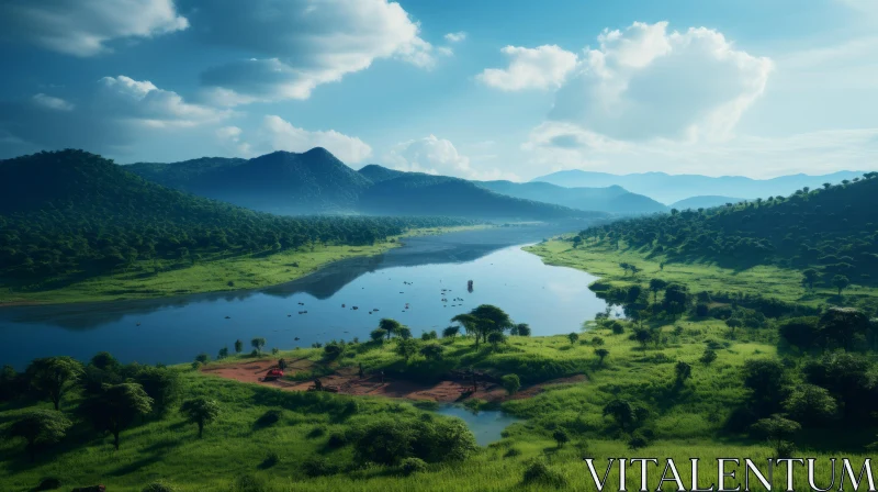 Captivating Green Valley Landscape with River and Mountains AI Image