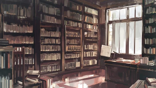 Captivating Painting of a Library: Books, Desk, and Warm Colors