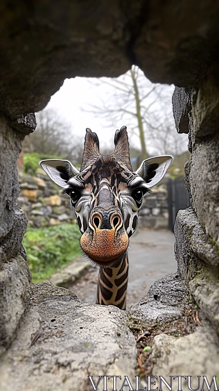 Giraffe Behind Stone Wall AI Image