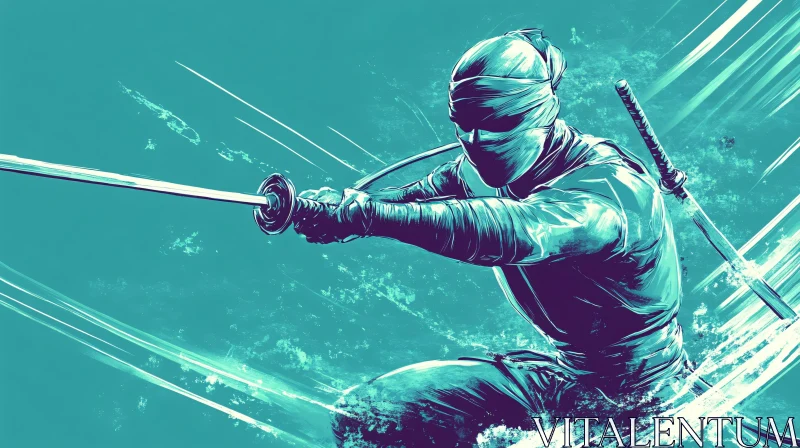 AI ART Stealthy Ninja Warrior in Teal Ambience