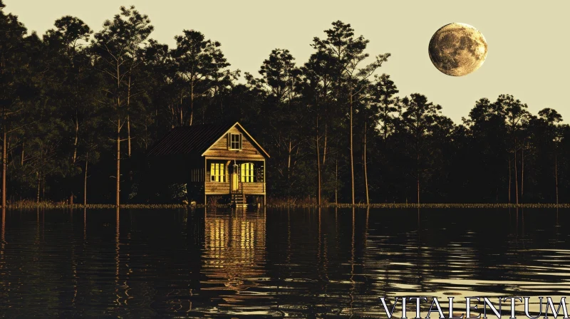 Dark and Moody Digital Painting of a Wooden Cabin on a Lake AI Image