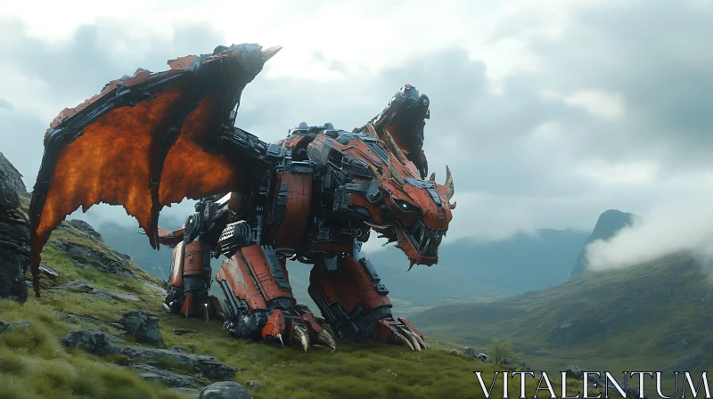 Robotic Dragon on Grassy Knoll AI Image