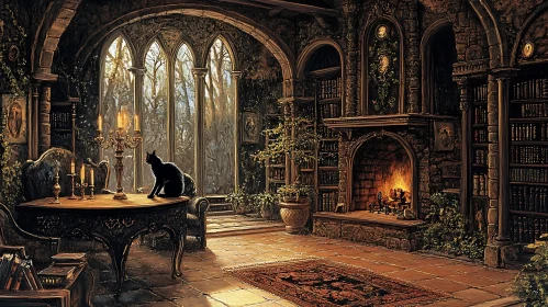 Old Library Interior with Fireplace and Cat