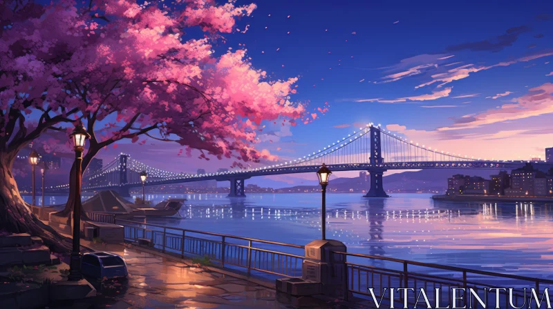 Enchanted Bridge Amidst Pink Blossoms: A Romanticized Realism Artwork AI Image