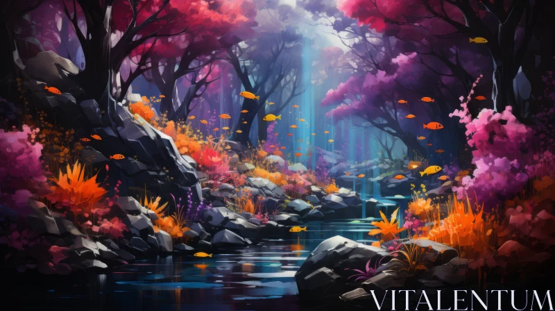 Enchanting Forest Painting with Purple Trees and Waterfall AI Image