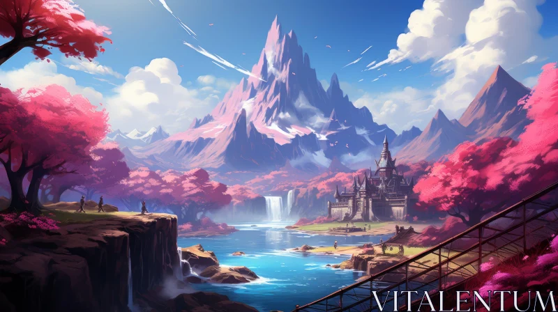 Enthralling Fantasy Landscape with Waterfall and Castle AI Image