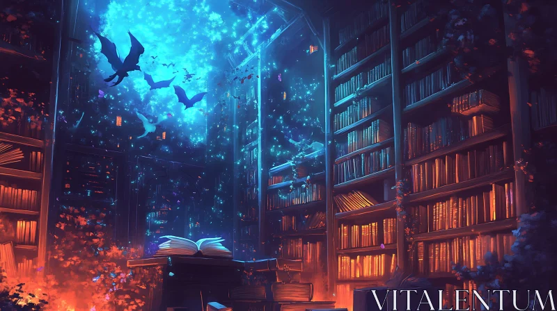 AI ART Mystical Library with Glowing Lights Artwork