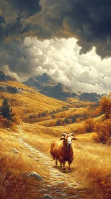 Sheep in Autumn Mountain Scene