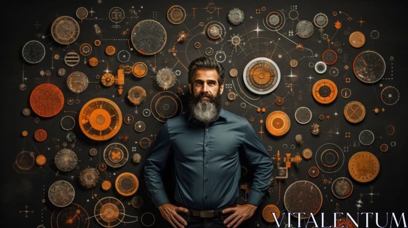 Futuristic Bearded Man Standing in Front of Circular Wall of Coins AI Image