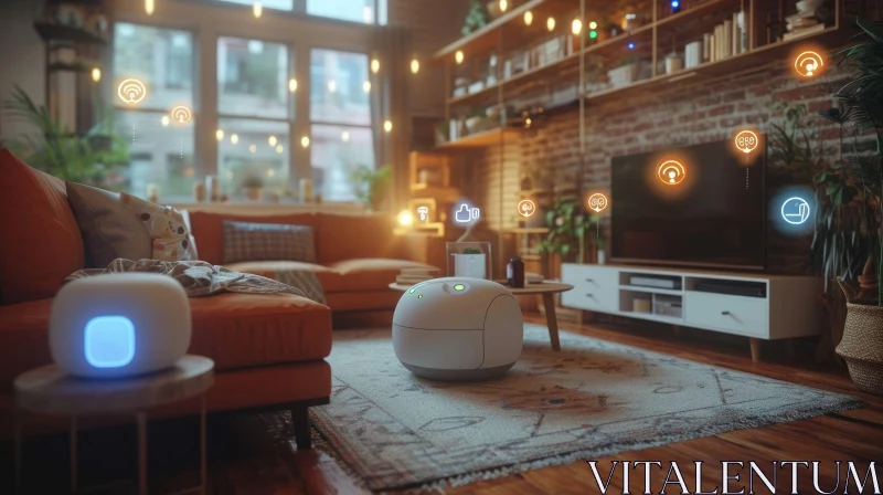 Futuristic Living Room with Intelligent Robot | Cozy Fireplace AI Image
