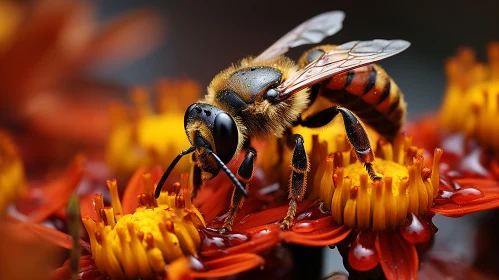 Macro Shot of Bee Pollinating an Orange Flower