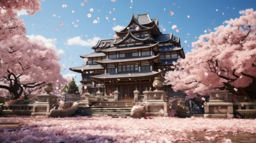 Photorealistic Fantasy: Japanese Palace Amidst Cherry Blossoms
