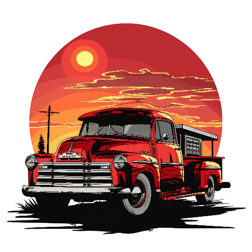 Red Retro Truck with Sunset Backdrop - Vintage Design Inspiration POD Design