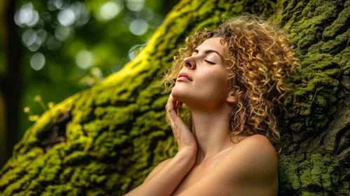 Serene Beauty: Young Woman Leaning Against Moss-Covered Tree Trunk